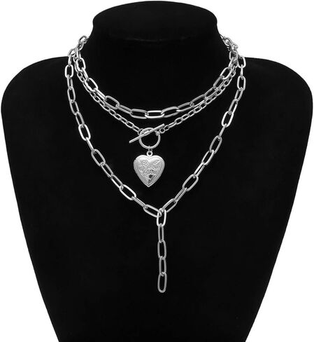 AILUOR Cool Punk Chunky Chain Statement Necklace for Women Girls Heart Shaped Photo Locket Pendant Layered Choker Necklace Jewelry in Saudi Arabia