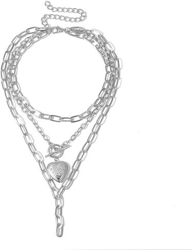 AILUOR Cool Punk Chunky Chain Statement Necklace for Women Girls Heart Shaped Photo Locket Pendant Layered Choker Necklace Jewelry in Saudi Arabia