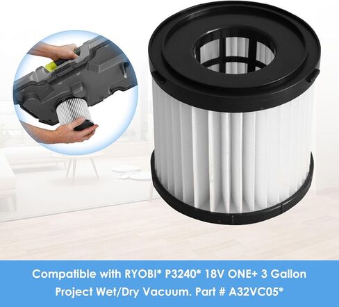 4 عبوات من الفلتر البديل للمكنسة الكهربائية Ryobi 18V ONE+ 3 Gal الرطبة والجافة، تناسب P3240 PCL733 PCL734، مقارنة بالجزء # A32VC05، A32RF08 in Kuwait