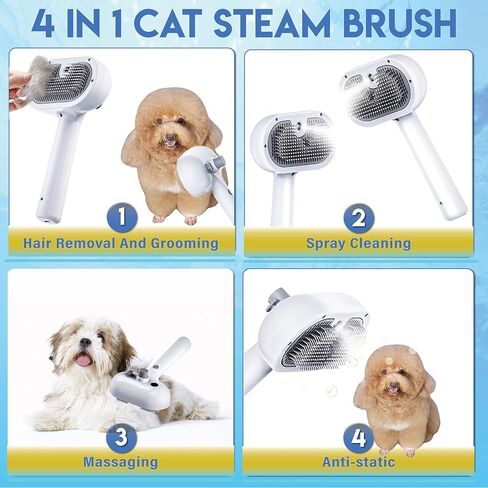4 In 1 Cat Steam Brush, Self Cleaning, Anti Static Shedding Spray Comb, Hair Removal, Misting Indoor Steamy Grooming Brush for Dog & Pet, Water Spritz Defur with Cloud & Pet Care (White Pro) in Saudi Arabia