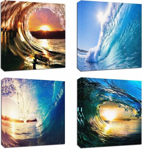 4Pcs 12x12 Canvas Wood Stretched Blue Ocean Wave Surfing Sea Sunset Motivational For Home Room Office Wall Decor 12x12" (30x30cm)(Canvas Not HD Prints) in Kuwait