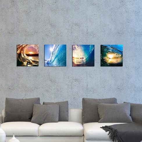 4Pcs 12x12 Canvas Wood Stretched Blue Ocean Wave Surfing Sea Sunset Motivational For Home Room Office Wall Decor 12x12" (30x30cm)(Canvas Not HD Prints) in Kuwait