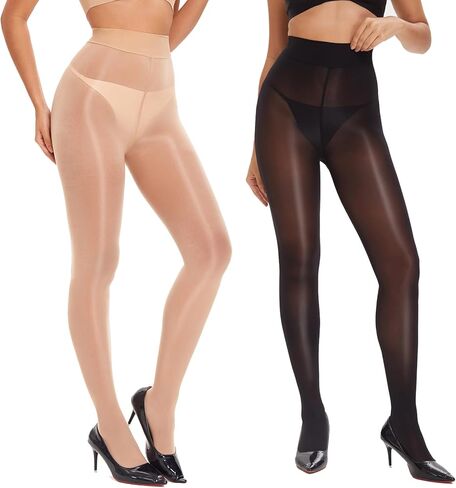 جوارب طويلة نسائية من النايلون اللامع - زوجان من الجوارب الطويلة الشفافة الزيتية اللامعة عالية الخصر للتحكم في الجوارب الطويلة in Kuwait
