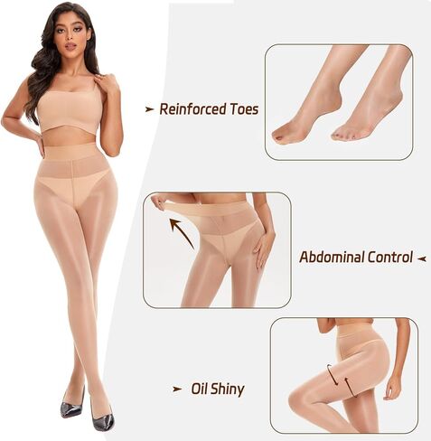 جوارب طويلة نسائية من النايلون اللامع - زوجان من الجوارب الطويلة الشفافة الزيتية اللامعة عالية الخصر للتحكم في الجوارب الطويلة in Kuwait