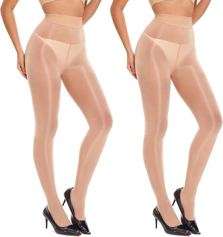 جوارب طويلة نسائية من النايلون اللامع - زوجان من الجوارب الطويلة الشفافة الزيتية اللامعة عالية الخصر للتحكم في الجوارب الطويلة in Kuwait