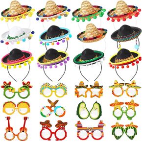 24 Pcs Fiesta Party Supplies Cinco De Mayo Sombrero Headband Hats Eyeglasses for Mexican Theme Decoration Accessories