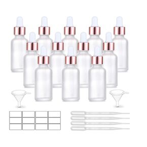 12 Pack,1 Oz Matte Glass Dropper Bottle,Empty Frosted Essential Oil Dropper Bottle Holder With Glass Eye Dropper,Rose-Golden Caps Perfume Travel Vial Container-Pipette,Stickers,Funnel included