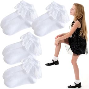 4 Pairs Girls Ruffle Socks Girls White Socks Lace Sock Frilly Lace Socks Ruffled Girls White Princess Dress Socks