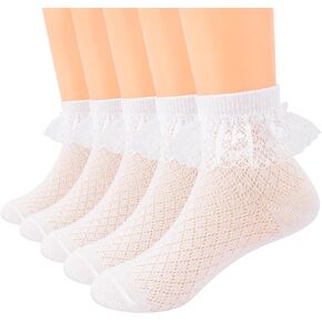 Looching Baby Todller Girls Eyelet Ruffle Lace Sock White Cotton Princess Style Ankle Dress Frilly Mesh Thin Socks Pack of 5