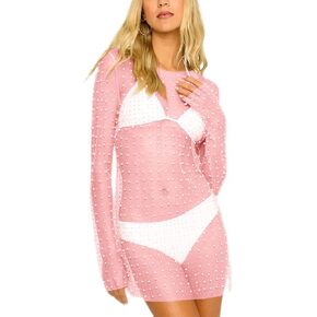 Women Sheer Mesh Pearl Rhinestone Cover Up Dress Summer Sexy See Through Beach Swimwear Coverup Mini Dress