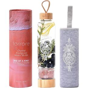 Crystal Water Bottles 19oz Large Crystal Elixir Infused Water Bottle with Changeable Crystals | Gem Water Bottle with Sacred Pattern and Words (Amethyst, Rose Quartz, Clear Quartz)