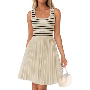 ZESICA Women's Summer Sleeveless Mini Dress 2024 Square Neck Striped Knit A Line Pleated Tank Dresses