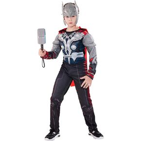 Kids Super Hero Costume Muscle Suit with Helmet Boys Red Cloak Jumpsuit Hammer Outfit 3 Pcs Sets Deluxe Full Suits