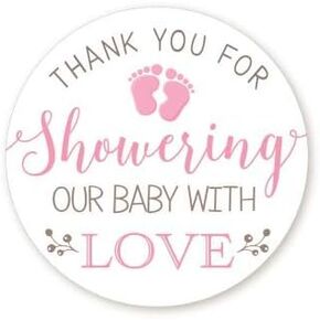Baby Shower Stickers | Pink | Thank You for Showering Our Baby with Love | 48 Stickers - 1.67 Inches Round | Baby Shower Stickers for Girls | Pitter Patter - Tiny Baby Feet Baby Shower Labels