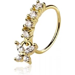 Pierced Owl 20GA 316L Stainless Steel CZ Crystal Lined Hoop with Dangling Butterfly Charm Bendable Nose Ring