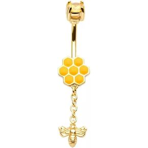Pierced Owl 14GA Gold Tone 316L Stainless Steel Yellow Flower with Dangling Bee Belly Button Ring