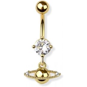 Pierced Owl 14GA 316L Stainless Steel CZ Crystal Saturn Planet Dangling Belly Button Ring