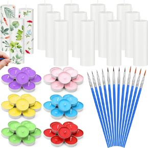 MTLEE 84 Pcs DIY Candle Painting Kit Include 12 White Pillar Candles 60 Colored Tealight Candles 12 Paint Brushes for Candle Crafts Birthday Wedding Party Centerpiece(2"x6")