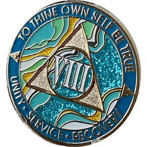 8 Year AA Medallion Elegant Marble Caribbean Aqua Glitter Blue Gold Plated Chip