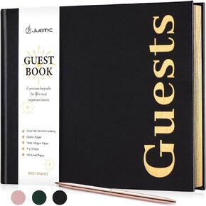 JUBTIC Guest Book: Premuim Keepsake for Life's Special Events - Sign in Book for Wedding Reception, Baby Shower, Funeral and Birthday Party - 100 Pages, Leather's Cover, Gold Foil (Black, 7" x10″)