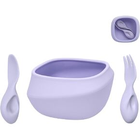 Toddler Utensils - Baby Essentials with Bowl, Fork, and Spoon | Baby-Led Weaning Supplies (BLW) for 12M+ Self-Feeding, Functional Silicone Dinnerware Set - Boosts Fine Motor Skills-Purple