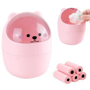 Mini Trash Can, Cute Small Trash Can with Lid, Desktop Paper Bin with 6 Rolls of Bin Liners, Portable Tabletop Dustbin, Cartoon Animal Rubbish Storage for Office Bedroom Desk Car Kitchen(Pink)
