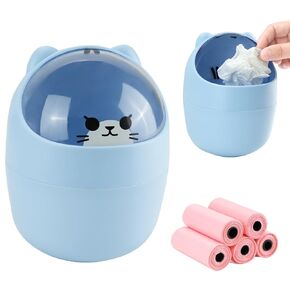 Mini Trash Can, Cute Small Trash Can with Lid, Desktop Paper Bin with 6 Rolls of Bin Liners, Portable Tabletop Dustbin, Cartoon Animal Rubbish Storage for Office Bedroom Desk Car Kitchen(Pink)