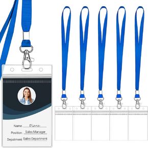 Clear ID Badge Holder with Lanyard Water Proof Vertical Display Identification Card Name Card Protector with Zipper Resealable Nametag Holder (Black-6pcs)