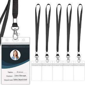 Clear ID Badge Holder with Lanyard Water Proof Vertical Display Identification Card Name Card Protector with Zipper Resealable Nametag Holder (Black-6pcs)
