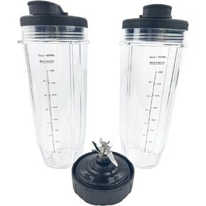 قطع غيار الخلاط للنينجا 2 × 32oz أكواب و2 × أغطية و7 زعانف شفرة مستخرج من الفولاذ المقاوم للصدأ متوافقة مع الخلاطات Auto iQ BL480 BL482 BL642 BL682 NN102