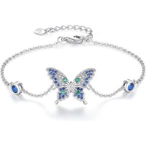 White Gold Plated Butterfly Bracelets for Women: Adjustable Blue Cubic Zirconia Butterfly Ankle Chain