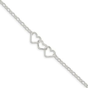 Solid 925 Sterling Silver 9" Rolo With 3 Interlocking Love Hearts Bracelet - with Secure Lobster Lock Clasp Anklet" 9"
