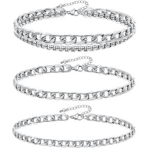 yfstyle 3PCS Silver Anklet for Women 14K Cuban Anklet Silver Ankle Bracelets for Women Stainless Steel Waterproof Cuban Link Anklets Set Layered Anklet Bracelets for Women summer Jewelry Gift