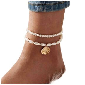 Bohemian Layered Pearl Anklet Gold Scallop Dangle Ankle Bracelet Oval Pearl Chain Anklet Adjustable Cowrie Anklets Summer Beach Foot Chain Jewelry for Women and Girls