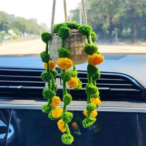 Crochet Potted Plants Rear View Mirror Accessories, Handmade (Glue Free) Safe Car Hanging Ornament, Car Mirror Hanging Accessories, Cute Car Accessories for Women Interior Car Decor