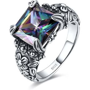 10x10mm Princess Cut Simulated Mystic Rainbow Topaz Antique Design Black Oxidized Finish 925 Sterling Silver Floral Band Gemstone Ring for Women