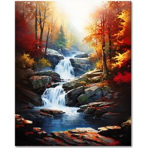 TUMOVO Adult Paint by Number Kits on Canvas Autumn Landscape Paint by Numbers for Adult Beginner Forest Waterfall Color by Numbers for Adults Craft Kits - 16x20 Inch, Flameless