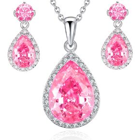 VONSSY Classic Oval Gemstone Pink Necklace & Earrings | Crystal Waterdrop Birthstone Teardrop Gold Plated Necklace | Wedding Set Jewelry Gift for Woman Mother Bride and Bridesmaid
