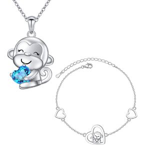 FLYOW 925 Sterling Silver Cute Heart Monkey Bracelet and Necklace Set for Women Girls Gift