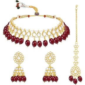 Aheli Gold Plated Kundan Studded Choker Necklace Jhumki Earrings & Maang Tikka Ethnic Fashion Jewellery Set Gift for Women