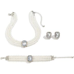 Vintage 4pcs Pearl Gemstone Choker Necklaces Earrings Bracelet Set 1920s Costume Party Pearl Jewelry Multilayer Gemstone Rhinestone Elegant Bridal Accessories for Women