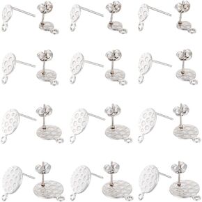 SUNNYCLUE 1 Box 48Pcs 6mm 8mm 10mm 12mm 304 Stainless Steel Earring Posts and Backs Earring Studs with Loop Ear Stud Textured Silver Round Pad Earring Findings for Jewelry Making Supplies DIY Handmade