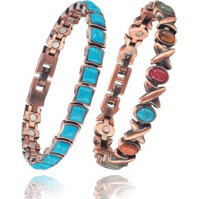 Copper Bracelets for Women, 2PC Suit Color Turquoise Bracelet Magnetic Bracelets for Women with 3500 Gauss Magnets,Mother's Day Jewelry Gifts (A)