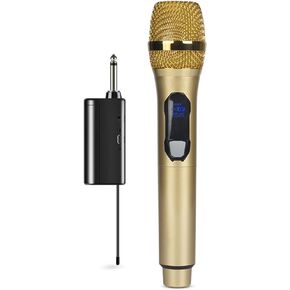 Handheld Karaoke Mic, Wireless Microphone System with Rechargeable Receiver, Portable Dynamic Microphone with LED Display, for Singing Stage Wedding Speech (Gold)