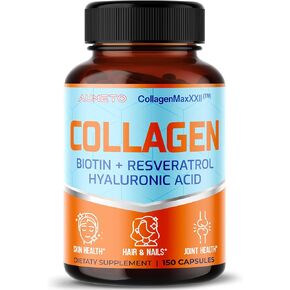 Collagen Types I, II, III, IV with Hyaluronic Acid, Resveratrol, Biotin, Vitamin C - Advanced 8-in-1 Formula for Skin, Hair, Nails & Joint Support* - Made in The USA (90 Count (Pack of 1))