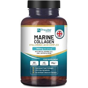Marine Collagen with Hyaluronic Acid 1100mg - 90 Capsules Boosted with Hyaluronic Acid, Vitamins C, E, B2, Biotin, Copper, Zinc and Iodine | for Women and Men | Made in The UK by Prowise Healthcare