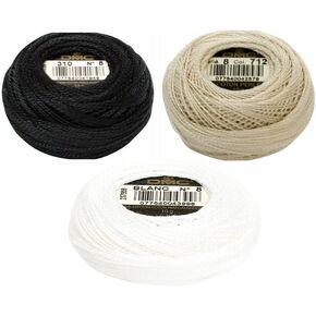 3 Counts DMC 116/8 Pearl Cotton Thread Balls (Black,White,Cream) - Black(310) Bundle with DMC Pearl Cotton Ball White (Blanc) and Cream (712), Size 8, Length 87 Yards, Inceler Supplies