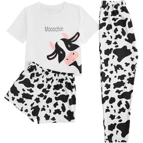 WDIRARA Women's 3 Piece Sleepwear Cow Print Short Sleeve Round Neck Tee Top and Shorts Pajamas Set with Pants