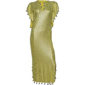 Egyptian Belly Dance Nancy Stretchy Folkloric Dancing Outfit Galabeya Oriental Abaya Dress Dresses Costume Baladi Saidi Fallahi Carnival Sequins Handmade Bellydance Women (Yellow x Silver)