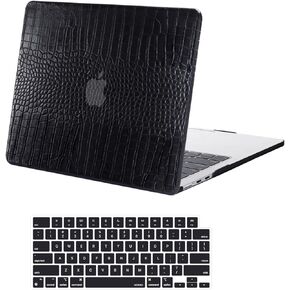 MOSISO Compatible with MacBook Air 13 inch Case 2025 2024 2023 2022 M3 A3113 M2 A2681, Anti-Scratch Crocodile Grain PU Leather Hard Shell Case&Keyboard Cover for MacBook Air 13.6 inch Case, Black